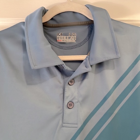 ⭐️SOLD- Men’s Under Armour Blue Striped Regular Heatgear Polo - size Large - Picture 6 of 12
